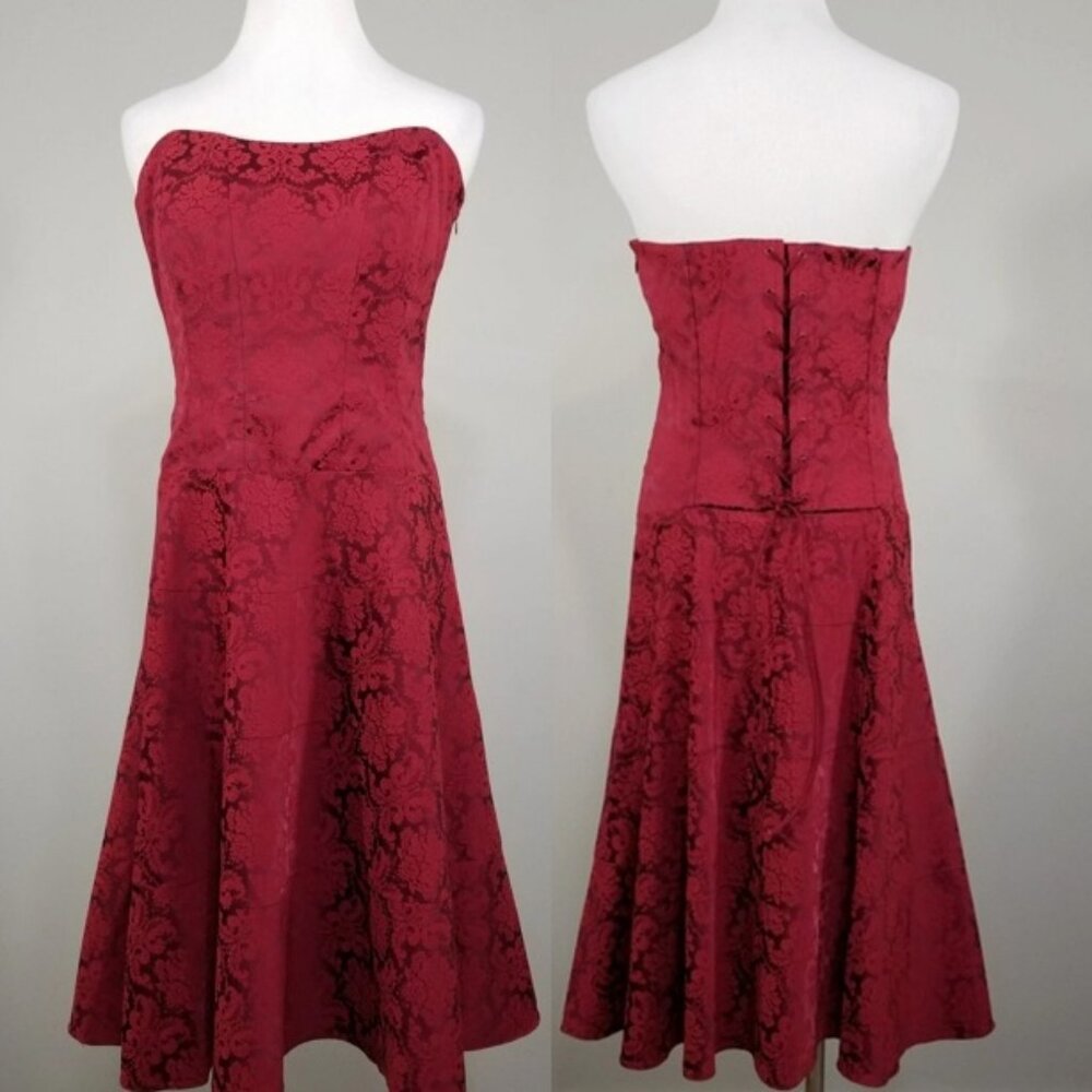 Nicole Miller Collection Red Jacquard Strapless Lace Up Corset Dress 8